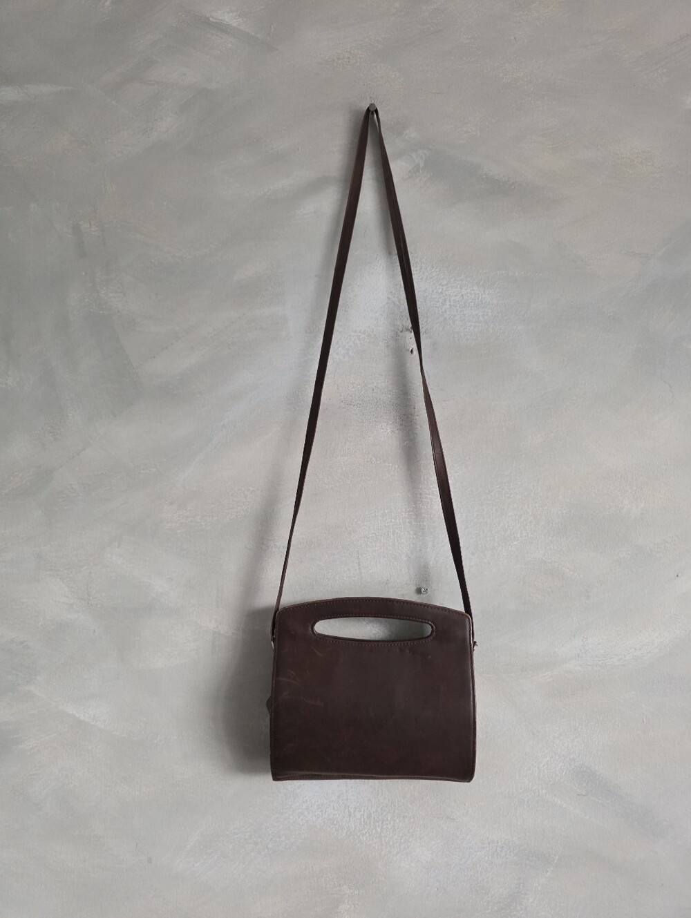 Vintage Minimalist Dark Brown Leather Crossbody Bag with Cutout Top Handle